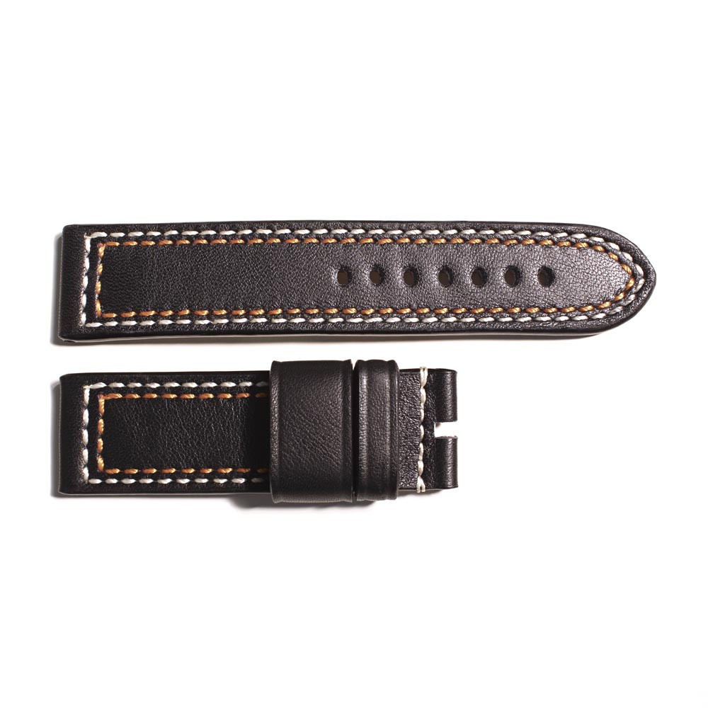 Leather Strap black with contrast stitching white/orange, size M